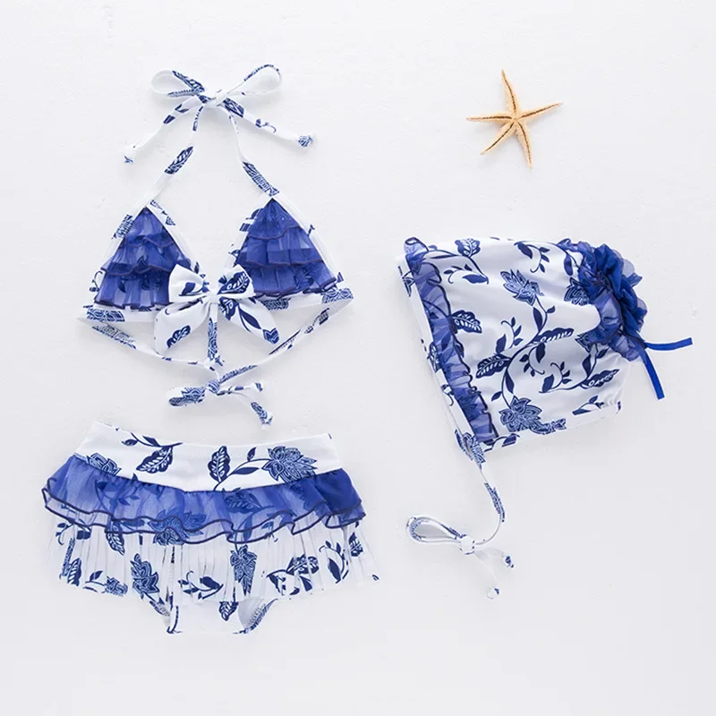 2-6Y Children\'s Swimsuit Girls\' Split Bikini Hot Spring Swimsuit Suspender Swimsuit 3-piece Set