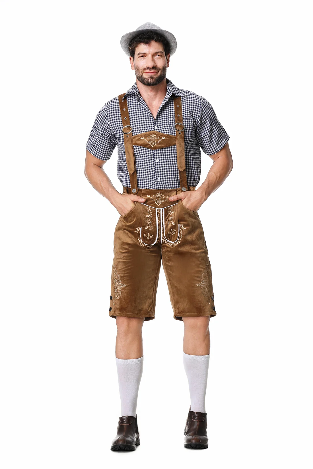 M-XXL German Oktoberfest Men Festival Costume Set Short Sleeve Plaid Shirt Suspenders Hat for Beer Festival Halloween men festival costume set