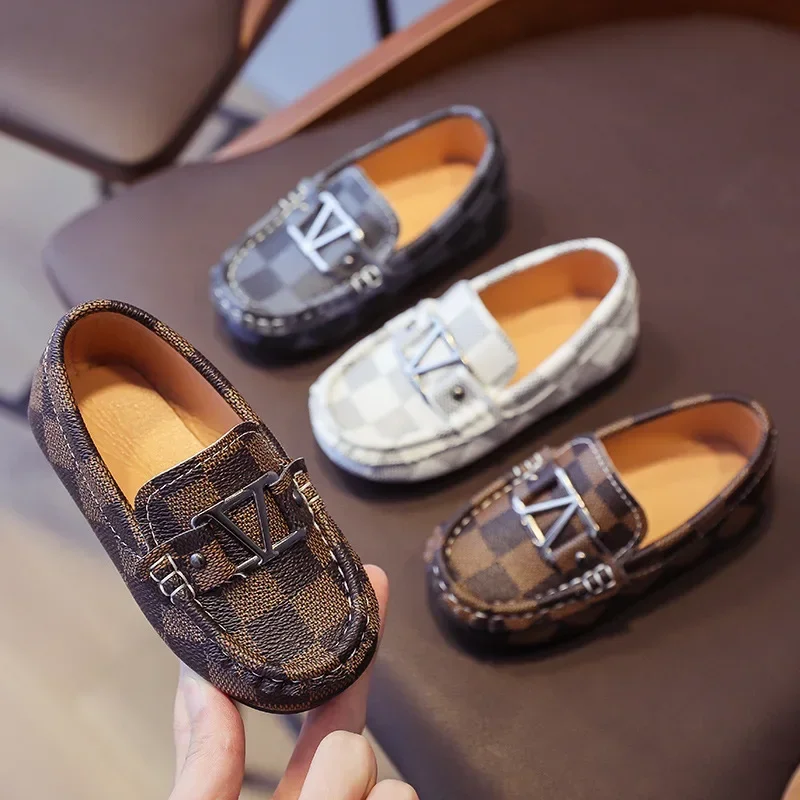 Kids Shoes, Leather Shoes-Kids Leather Shoes for Boy Plaid Casual Loafers