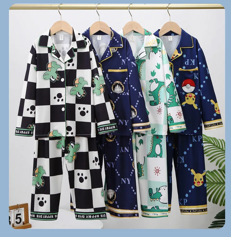 Anime Pajamas Set Long-Sleeved Cartoon Spring and Autumn Boy Sleepwear Suit Student Kids Clothes Gift