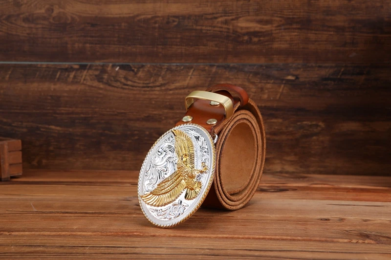 gold eagle big buckle full grain real leather 100% genuine leather hawk mens belts luxury high quality camel brown cowboys women