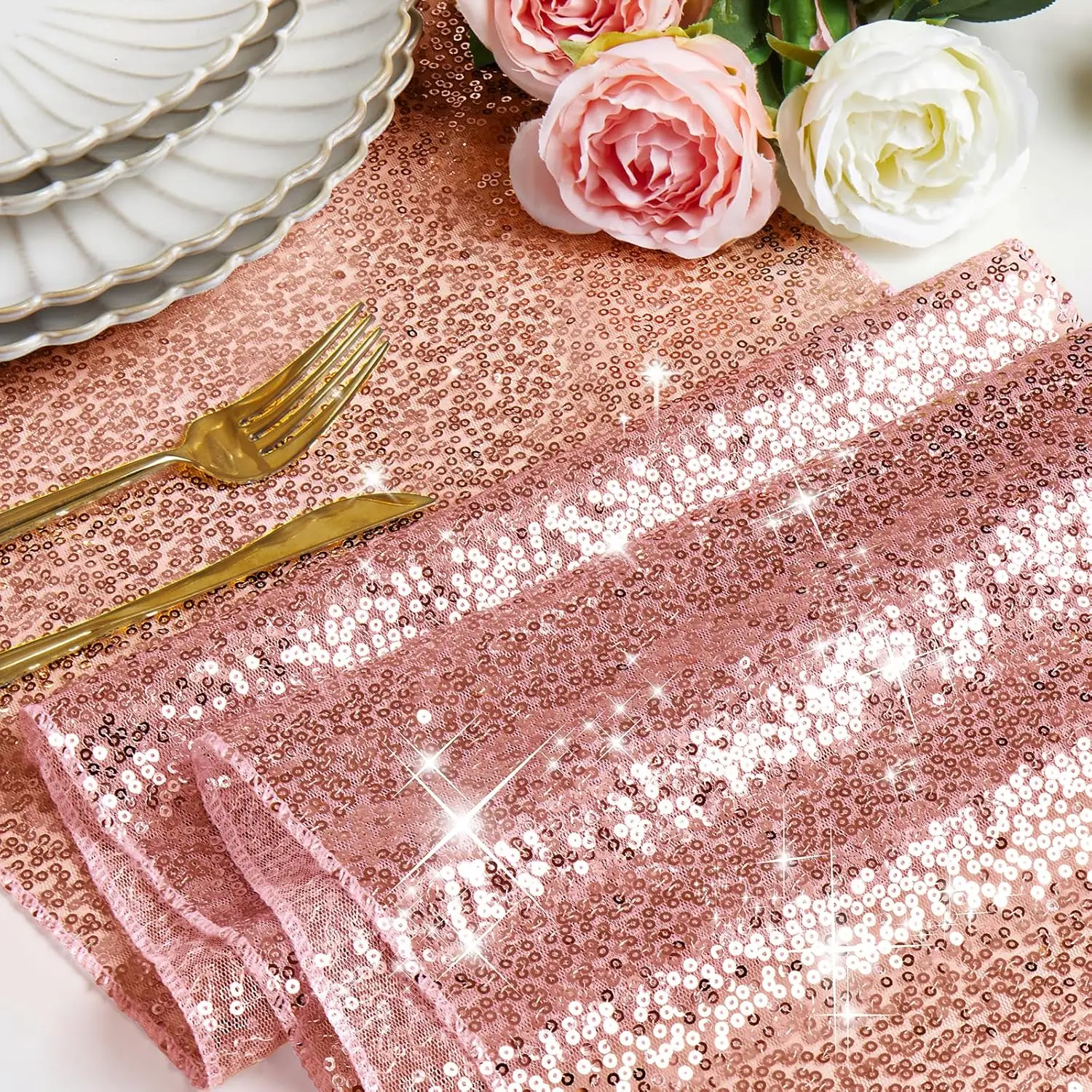 Elegant Rose Gold Sequin Table Runner - 12x108 | Sparkling Dining Table Centerpiece