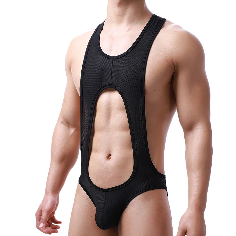 Men's Undershirts Leotard Jockstrap Mesh Breathable Bodysuits Open Butt Rompers Wrestling Singlet Underwear 2XL