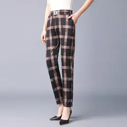 Mom Outfit Spring and Autumn New Stretch Straight-leg Pants Thin Commuter Plaid Pockets Splicing Leisure Versatile Cropped Pants