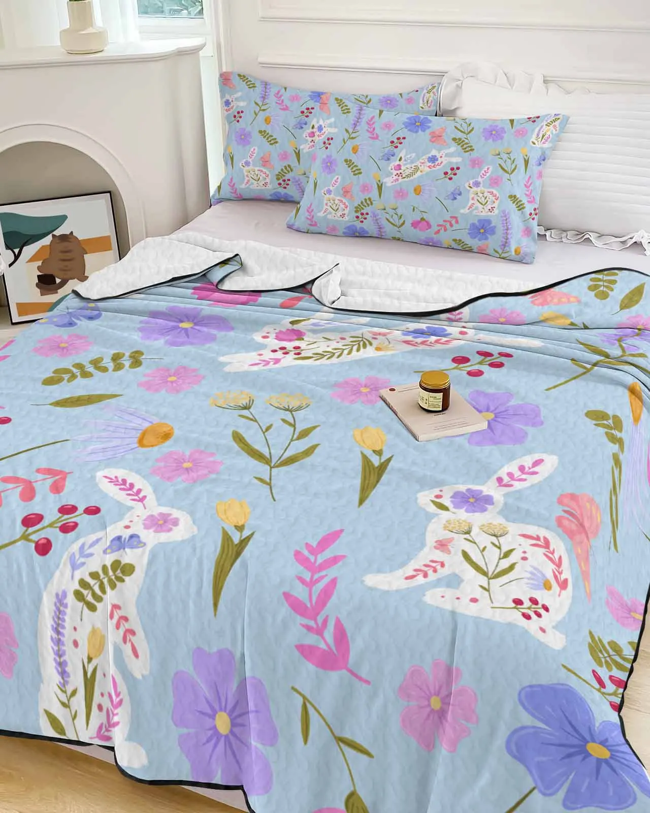 ベッド用エアコン掛け布団薄いキルトエアコン抽象的な青ウサギより速い花軽量夏