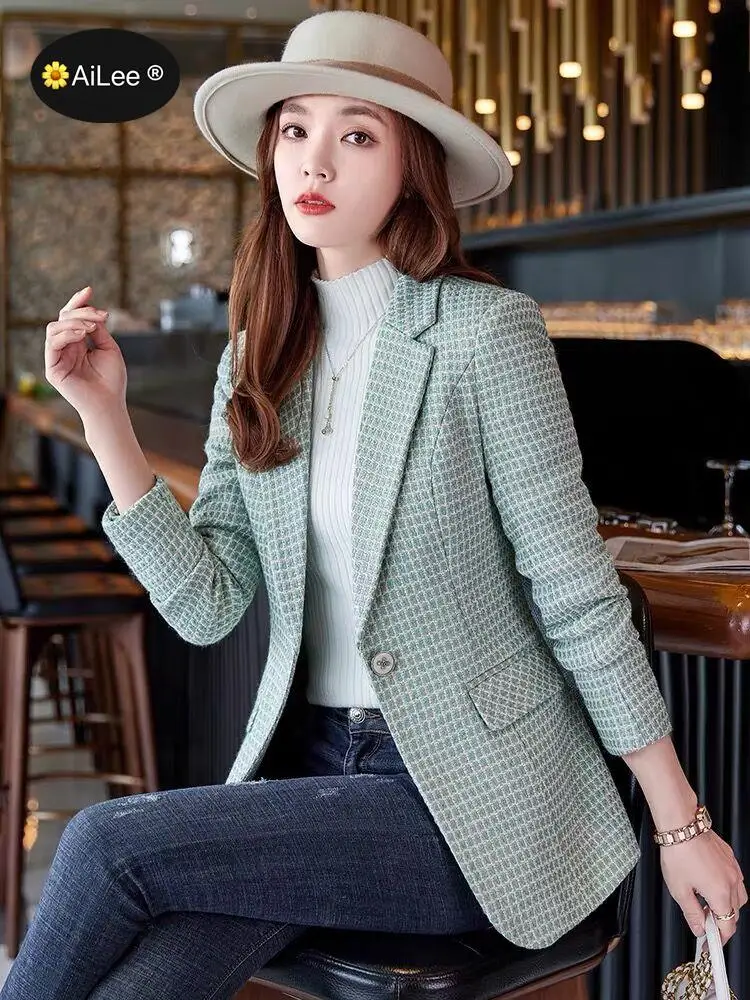Winter Women Houndstooth Blazer Slim Plaid Long Sleeve Coat Lady Office Elegant Business Korea Style Suit Outerwear Warm Jacket