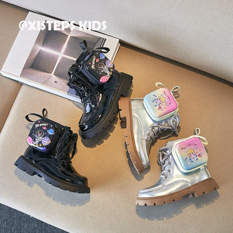 

Fashion Ankle Leather Boots for Kids Girls Boys Toddler Autumn Winter Shoes Kids Platform Boots Sliver Black Bota Infantil