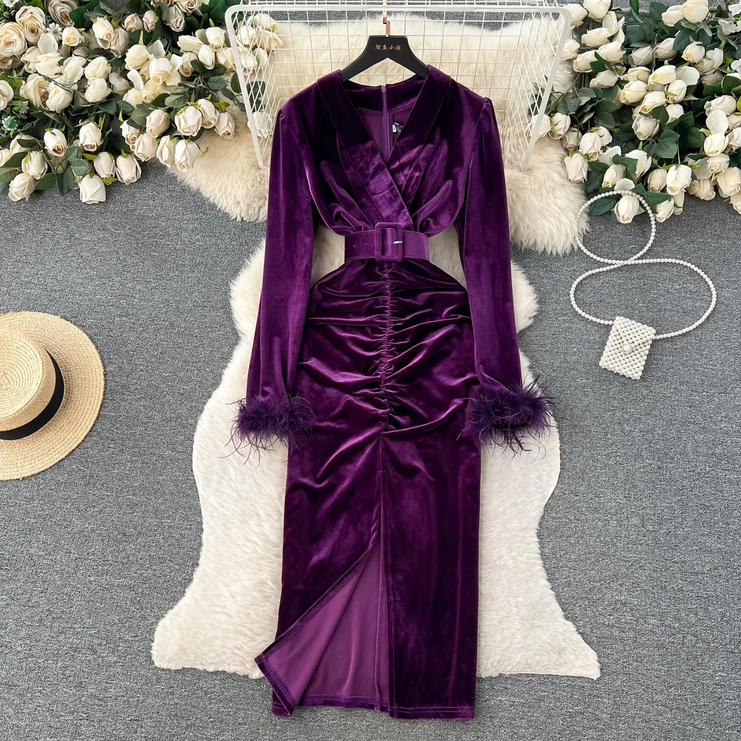 

Vintage Designer Runway Velvet Party Dress Lady Elegant V-Neck Full Sleeve Ruched Split A Line Midi Banquet Dress Vestidos