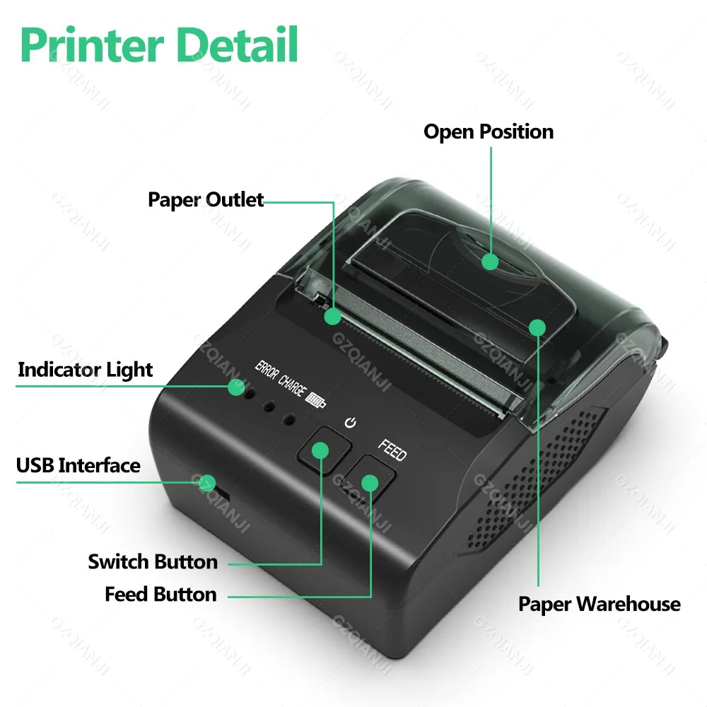 Bluetooth USB Thermal Receipt Ticket Bill POS Printer Mini Portable Mobile Print 58MM Machine Wireless Printing for Retail Store