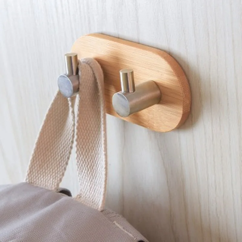 Natural Bamboo Stainless Steel Hook Wall Clothes Bag Headphone Key Hanger Kitchen Bathroom Door Towel Rustproof Shelf WJ622