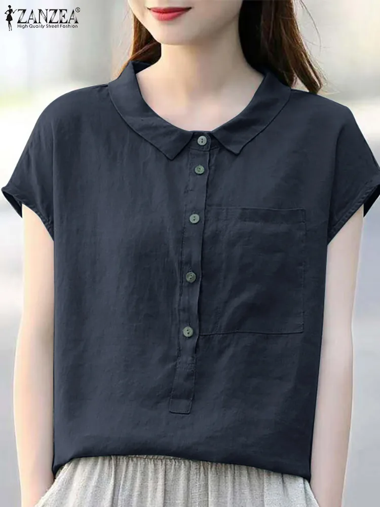 ZANZEA Summer Women Blouse Casual Loose Shirt Short Sleeve Solid Cotton Tunic Tops Fashion Buttons Down Blusas Chemise Oversize