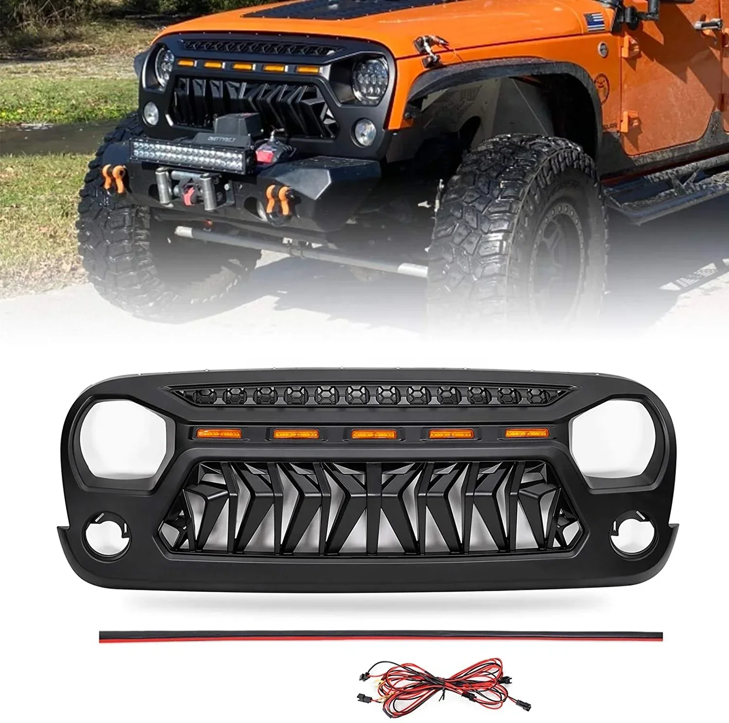 Grill for Jeep Wrangler JK Accessories 2007-2017 Matte Black Angry Face Grill with 5 Amber Lights for Jeep Rubicon Sahara Sport