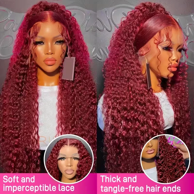 100% Human Hair 13x6 Deep Wave Lace Front Wigs Human Hair for Women 99J Burgundy Lace Front Wigs Human Hair Red Wig 200 Density 4