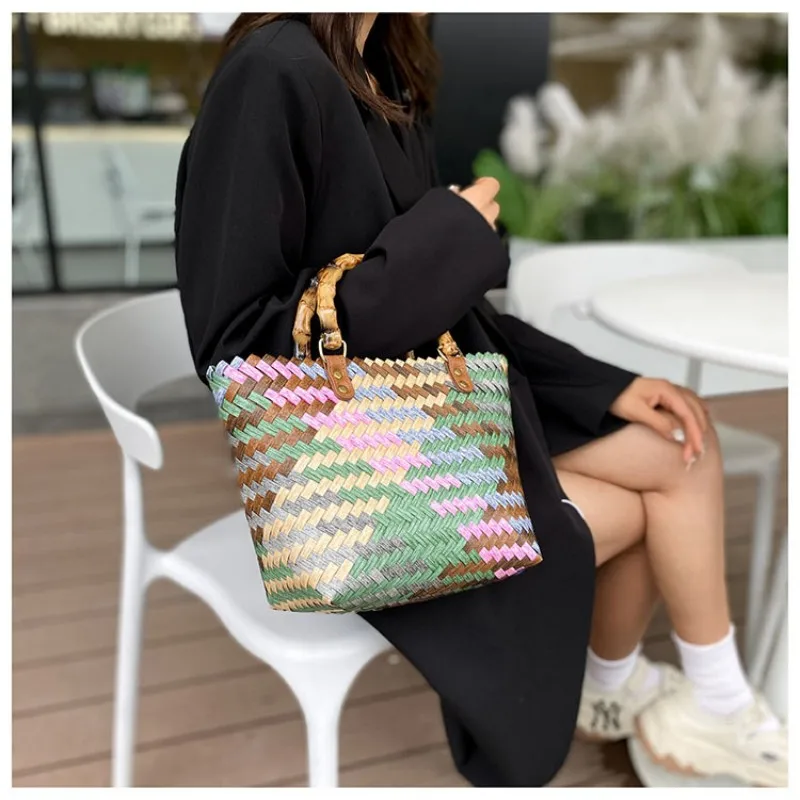 Retro Colorful Imitation Rattan Large Capacity Woven Bag Strapless 