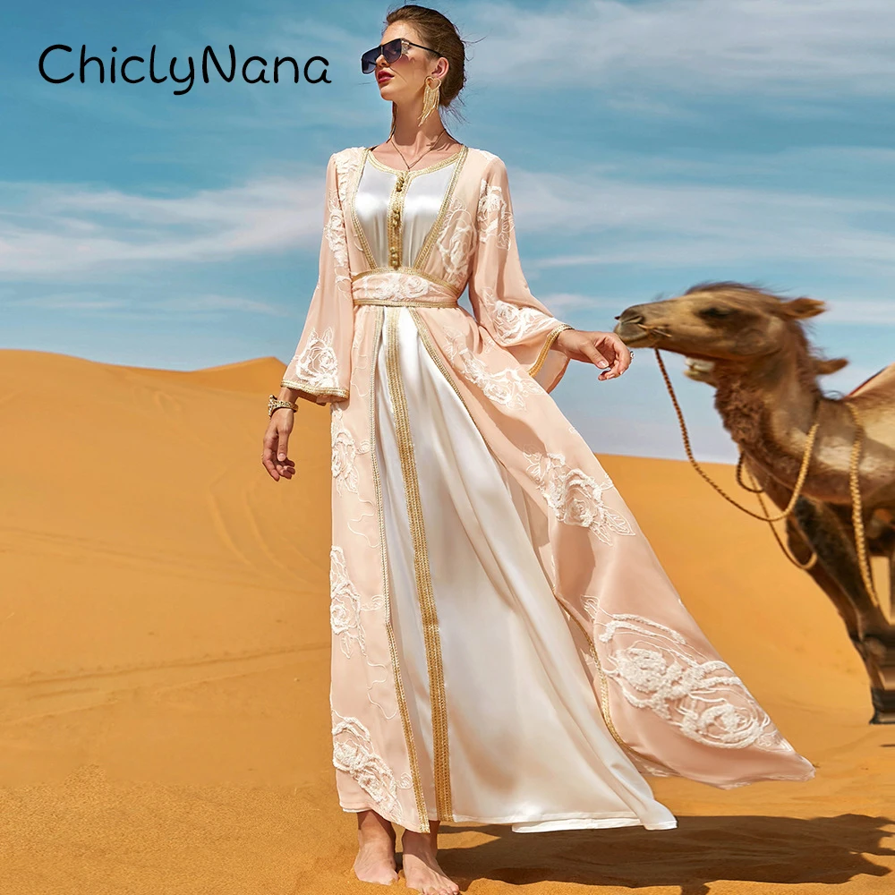 

Атласные платья Chiclynana, роскошные мусульманские платья с вышивкой розы, комплект из 2 платьев, женская одежда