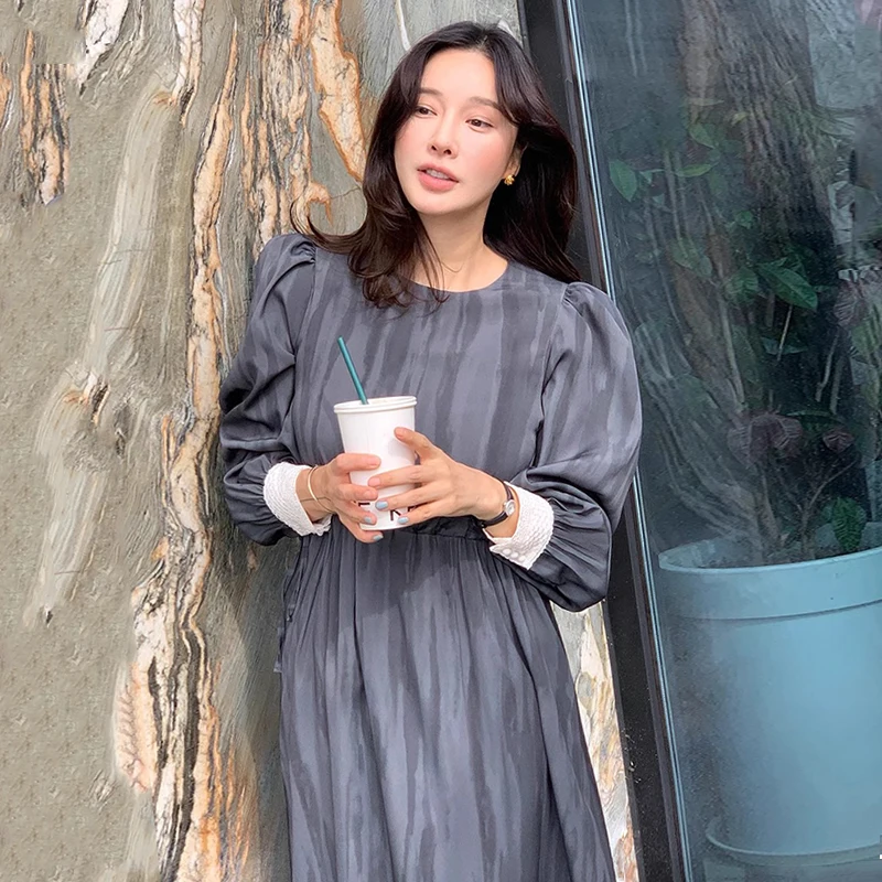 

VANOVICH Korean Style Autumn New Vintage Temperament O-neck Patchwork High Waist Slim Puff Sleeve Dress Long Woman A-line Dress