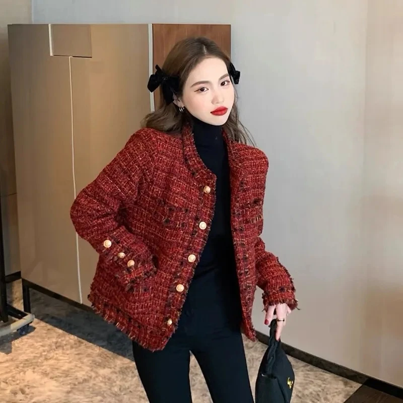 vVintage 2023 Autumn High end Temperament Red Fragrant Coat Women's Short Thick Tweed Fashion Women Slim Thicken Short Jacket
