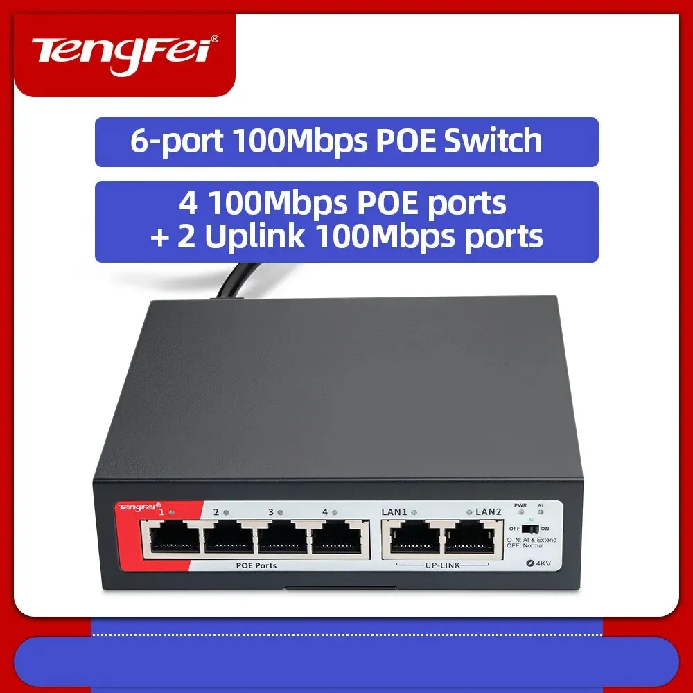 TengFei POE Switch 6Port 100Mbps Switch 4 PoE+2 UpLink With Internal Power Office Home Network Hub for IP Camera with Phone