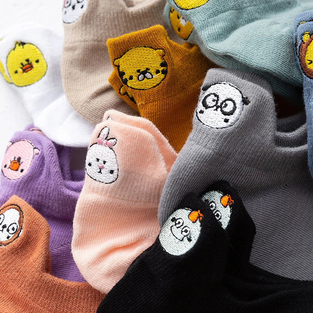 3Pairs Women Boat Sock Cotton Cute Cartoon Animal Embroidery Slippers Socks Solid Colors Cat Funny Ankle Socks Casual Socks Gift