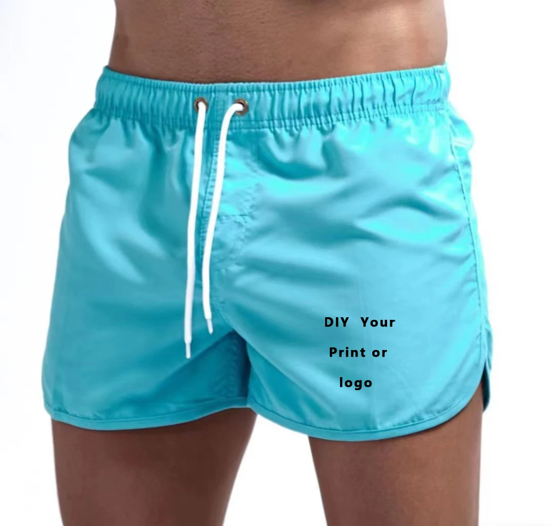 Custom Logo Men's Swim Trunks Beach Shorts Drawstring with Mesh Lining Elastic Waist Plain Breathable Soft Casual Shorts 4