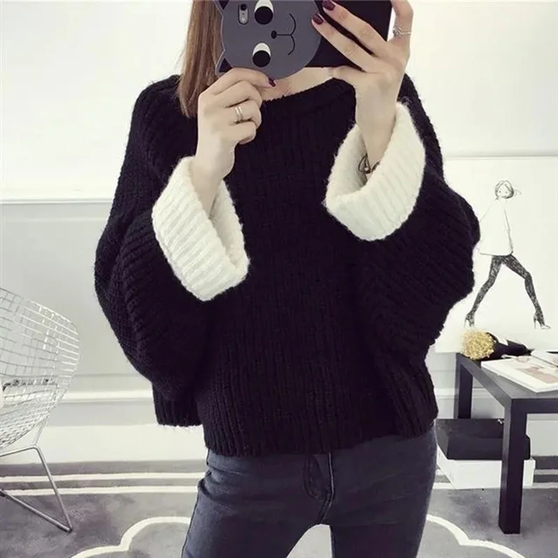 

Gidyq Patchwork Women Knitted Sweater Autumn Fashion Cropped Long Sleeve Tops Casual Korean Female All Match Warm Jumper