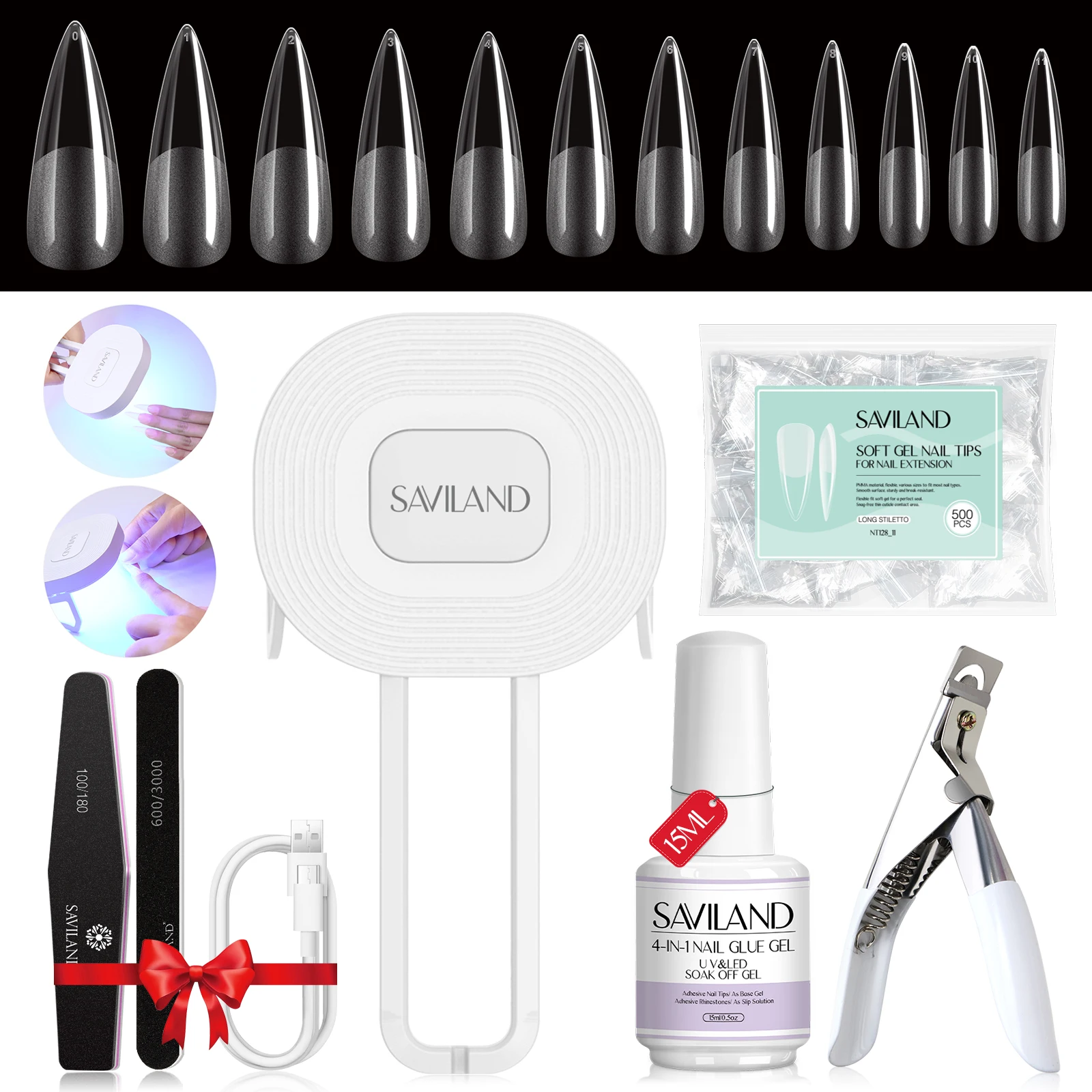 Kit de uñas SAVILAND Gel X, 500 uñas postizas, cobertura total, 15 ml, 4 en 1, con lámpara de uñas mejorada