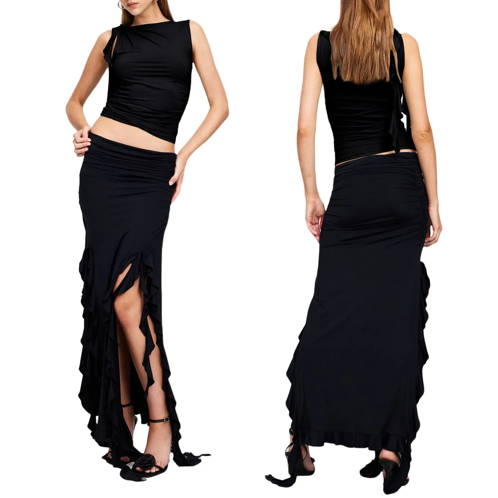 

Fashion Skirts Set Summer Solid Color Sleeveless Tank Tops Ruffles Slit Long Skirts Set 2 Pieces Sets Women Outfits for