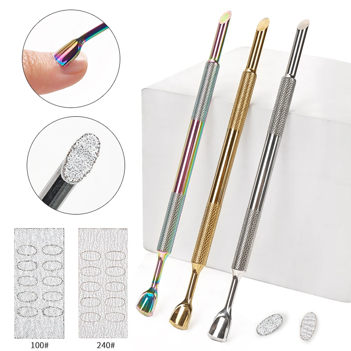 Description Picture 2 of item50pcs 100/240# Nail Cuticle Pusher Self-adhesive Sand Flake Files Trimming Nails Pre Polishing Manicure Treatment Tool SteelPush