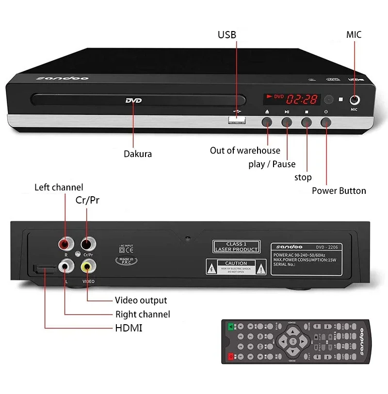 Home DVD Player VCD CD Disc Media Player Machine AV Output Remote USB Mic Full HD 1080P Multimedia