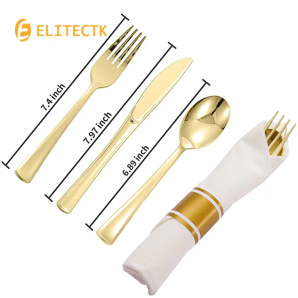 40 Pieces of Pre-Rolled Golden Plastic Silverware Disposable Cutlery and Napkin Suitable for 10 People Dinner Party Wedding