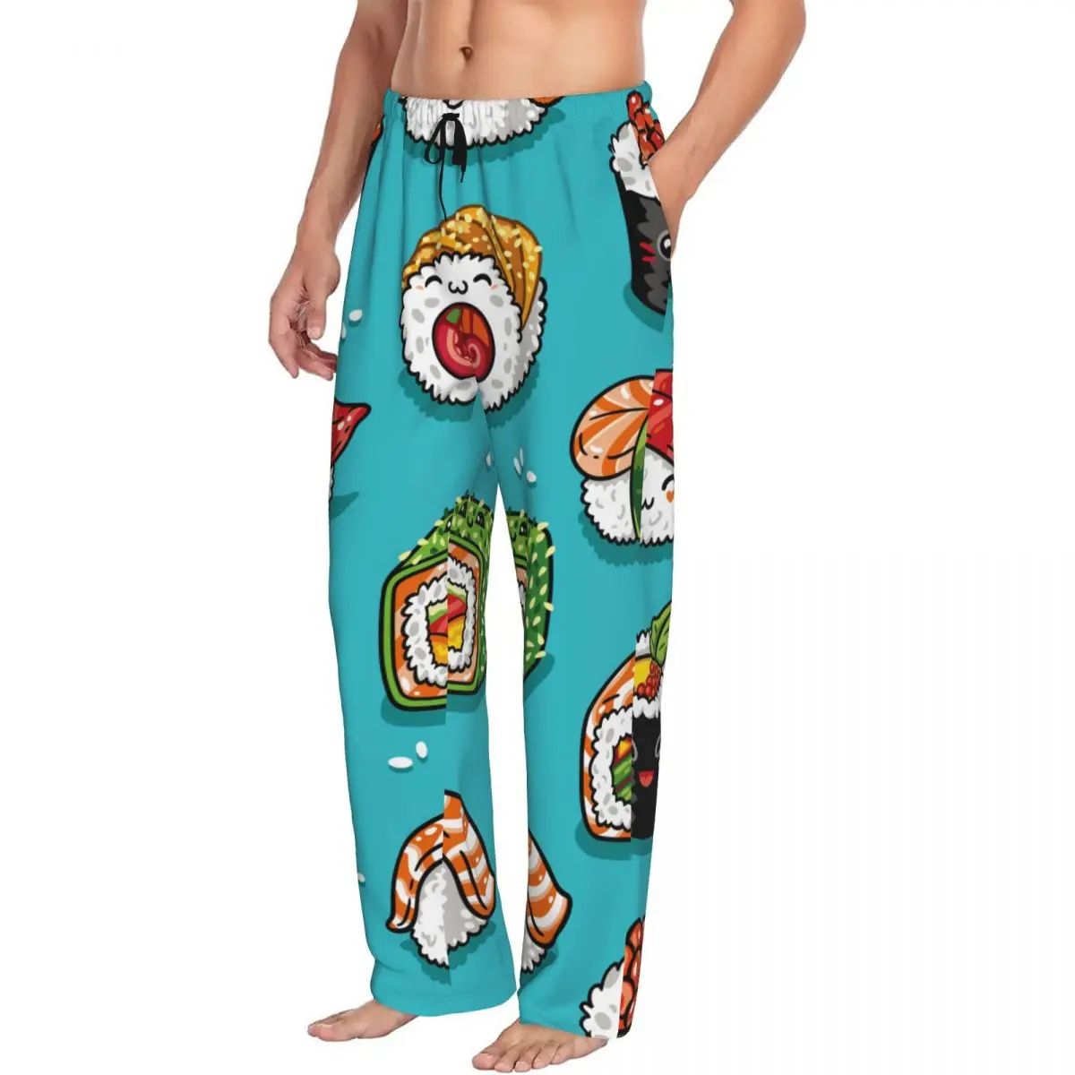 Custom Printed Men's Pajama Pants Cartoon Rolls Sushi Food Sleepwear Sleep Lounge Bottoms with Pockets 2