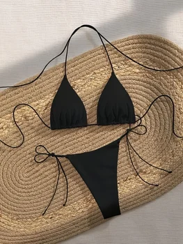 2025 Black Triangle Halter Bikini Set Women Sexy Tie Side Thong Bathing Suit 1