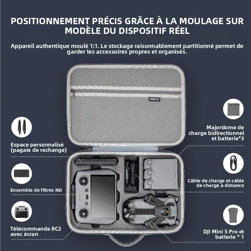 Intérieur de la mallette de transport rigide pour DJI Mini 5 Pro Fly More Combo, montrant les compartiments en mousse sur mesure pour le drone et accessoires.