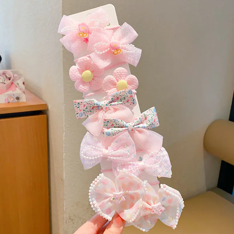 10 개/대 핑크 꽃 소녀 헤어 밧줄 거즈 활 어린이 탄성 고무 밴드 공주 머리 꽃  키즈 헤어 액세서리