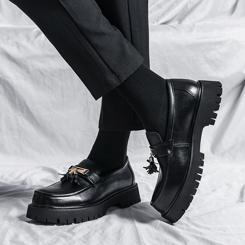 STRONGSHEN Men Tassel Casual Leather Shoes Mens Handmade Mocassin Loafers Brand Luxury Fashion Tassel Platform Business Shoes leather shoes