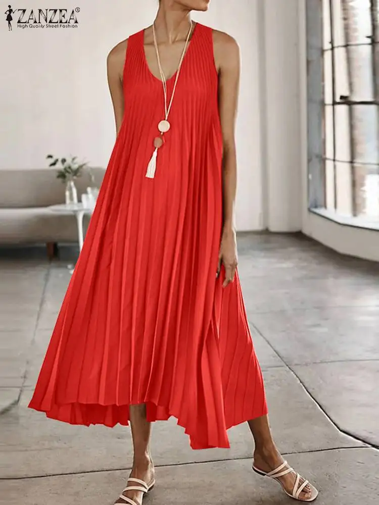 

ZANZEA 2023 Summer A-line Vestidos Women Fashion V-neck Pleating Maxi Robe Party Long Dresses Holiday Sleeveless Tank Sundress