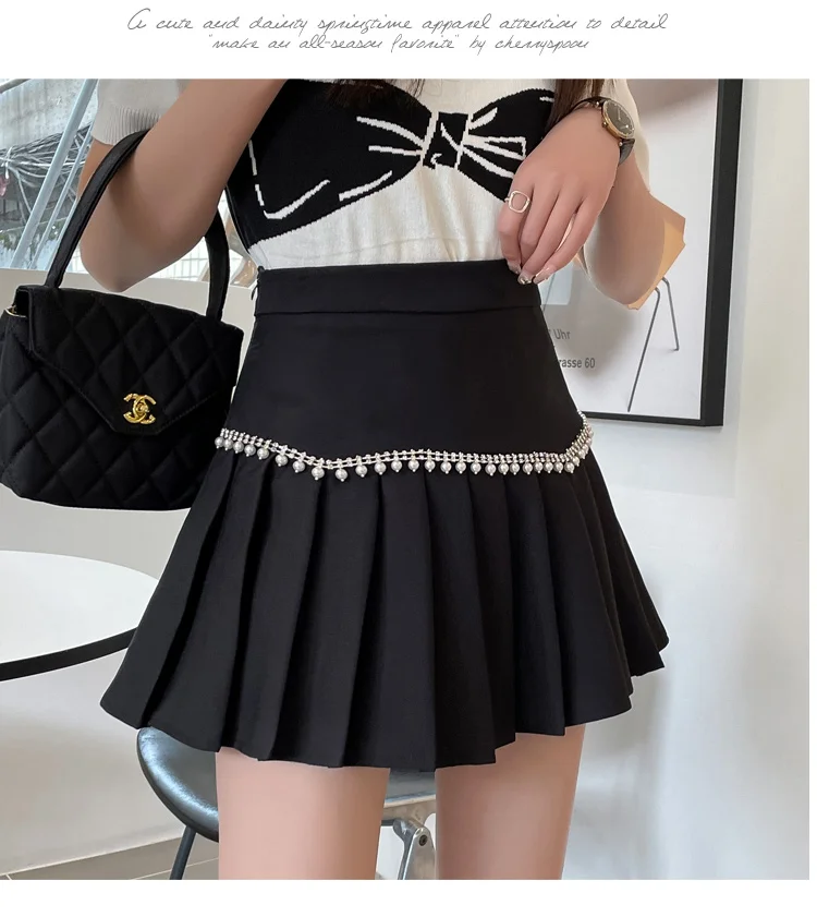 Beaded Pleated Skirts Women Mini Skirt Black White High Waist Slim A-Line Skirt Shorts Casual Zipper Spring Steetwear Korea N120 black maxi skirt