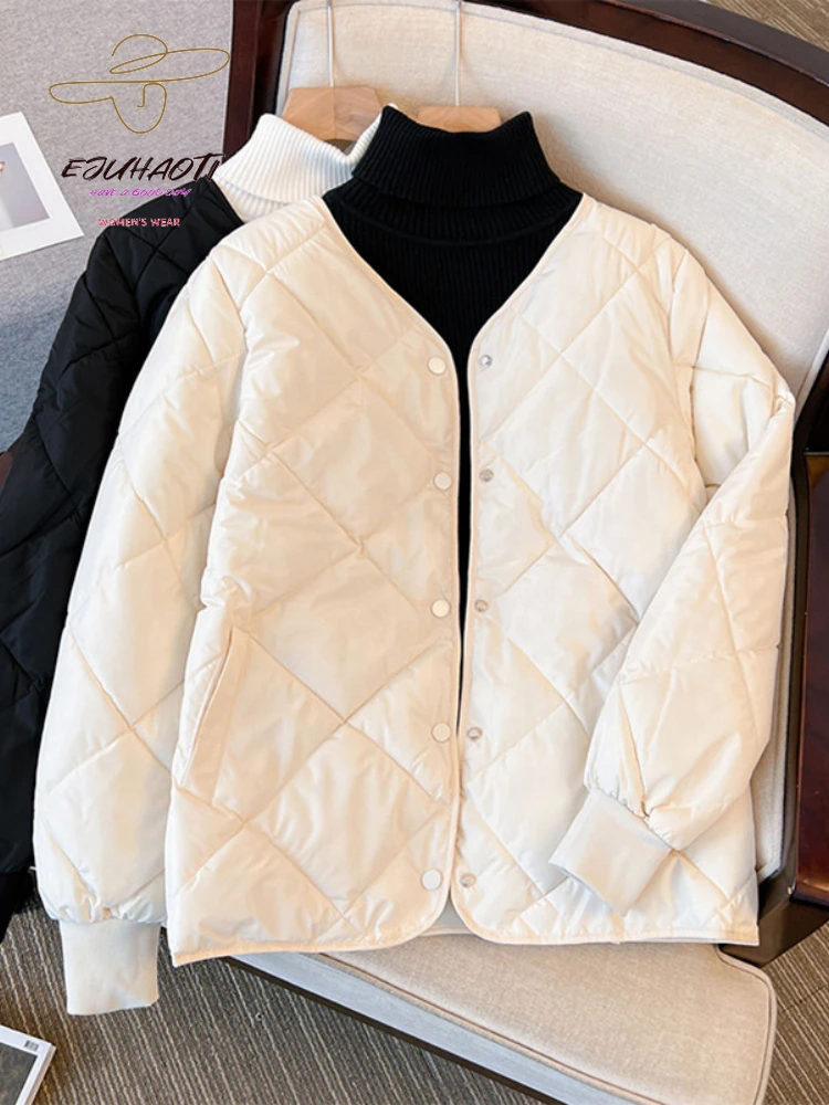 

2023 Women's Jacket Short Cotton Coat Winter Korean Fashion New Office Lady Rhombus Lattice Parkas Simple Versatile Warm Tops
