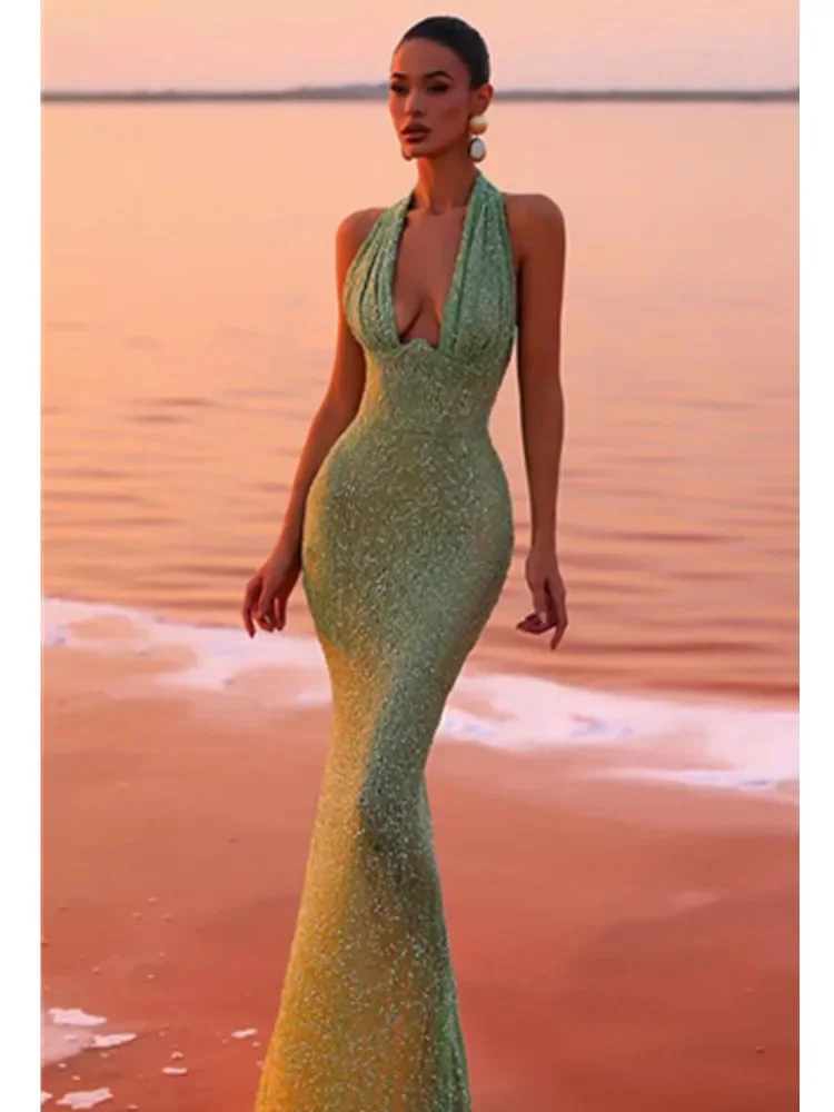 

Women Celebrity Sexy Backless Halter Sequins Sparkly Maxi Long Gowns Dress 2024 Elegant Evening Party Club Dresses Stage Wear