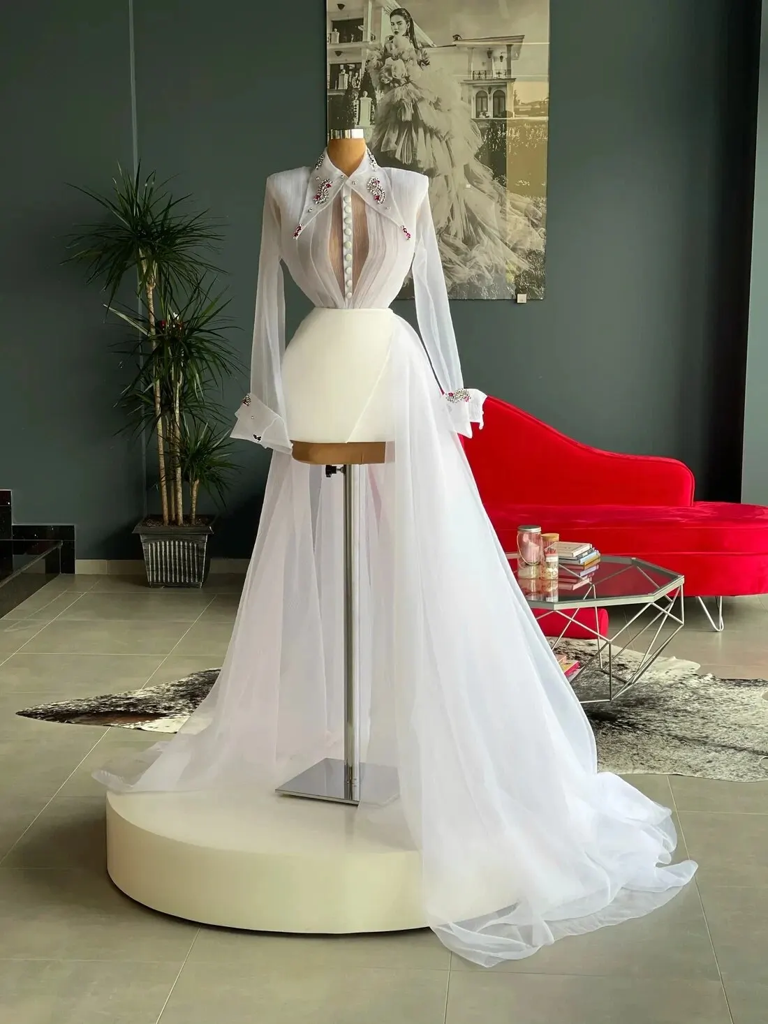 

Haute Couture Prom Dresses A-line Long Sleeves Tulle Beaded Slit Saudi Arabia Dubai Robe De Soiree Evening Dress Gown