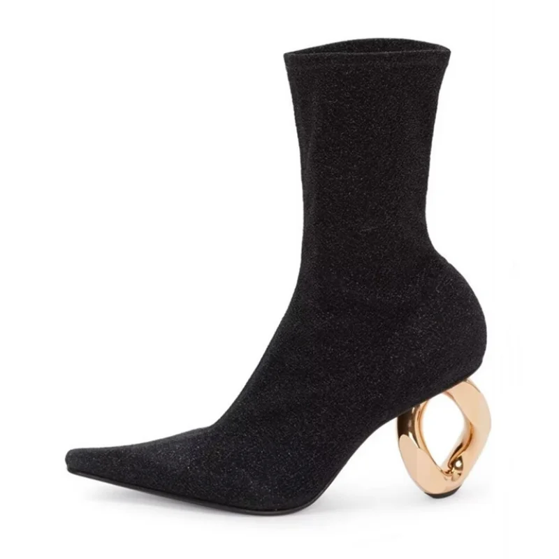 

2023 European and American Fashion Show Shoes Women's New Metal Shape High Heel Suede Sleeve Pointed Short Boots Women Boots