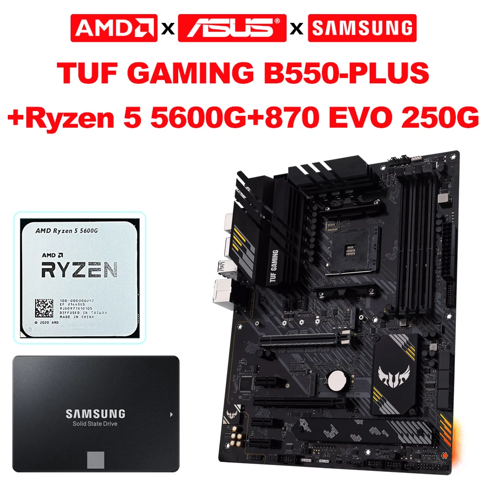 Asus New Tuf Gaming B550M Plus Scheda Madre Da 128Gb + Amd Nuova Cpu Ryzen 5 5600G 3.9Ghz Six-Core + Samsung 870 Evo 250G Ssd