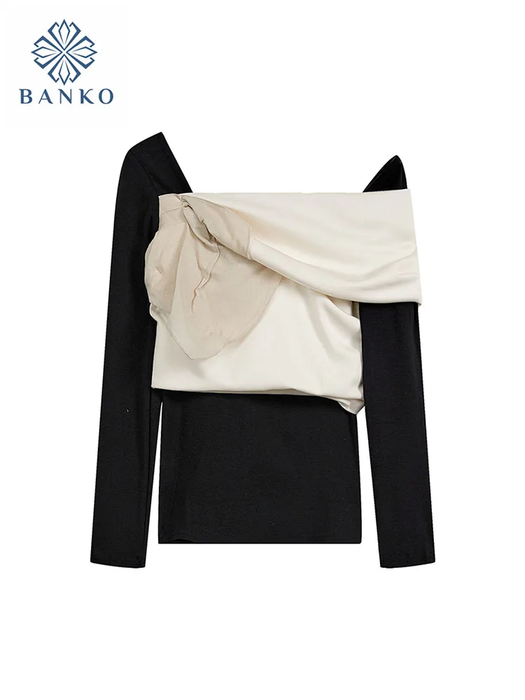 

Новый дизайн, модные футболки, топ контрастных цветов с воротником-лодочкой и длинным рукавом, облегающие повседневные футболки в американском ретро стиле с открытыми плечами, высокое качество