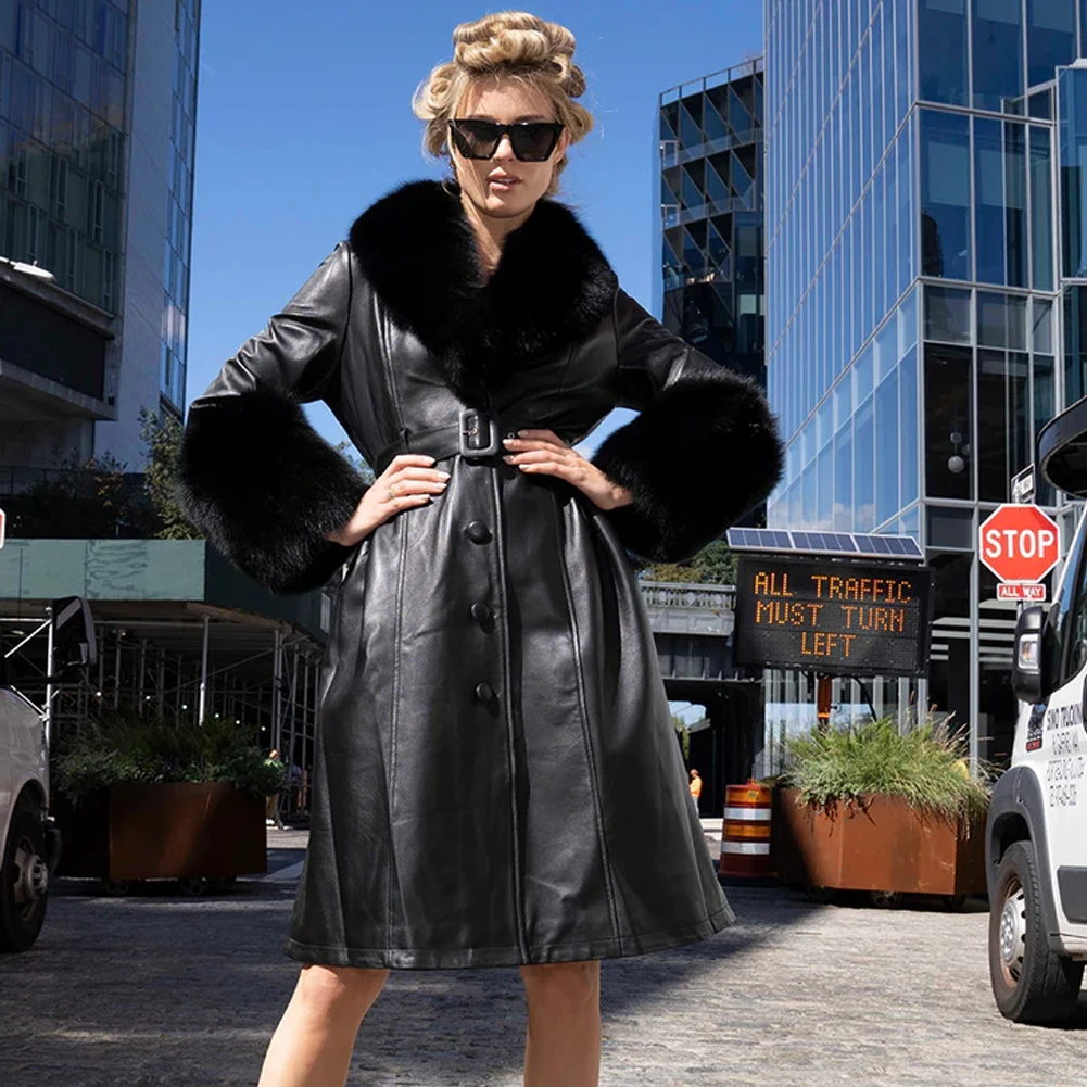 

Denny&Dora Black Plus Size Coat Women Real Fox Fur Collar Long Genuine Leather Coat Trench