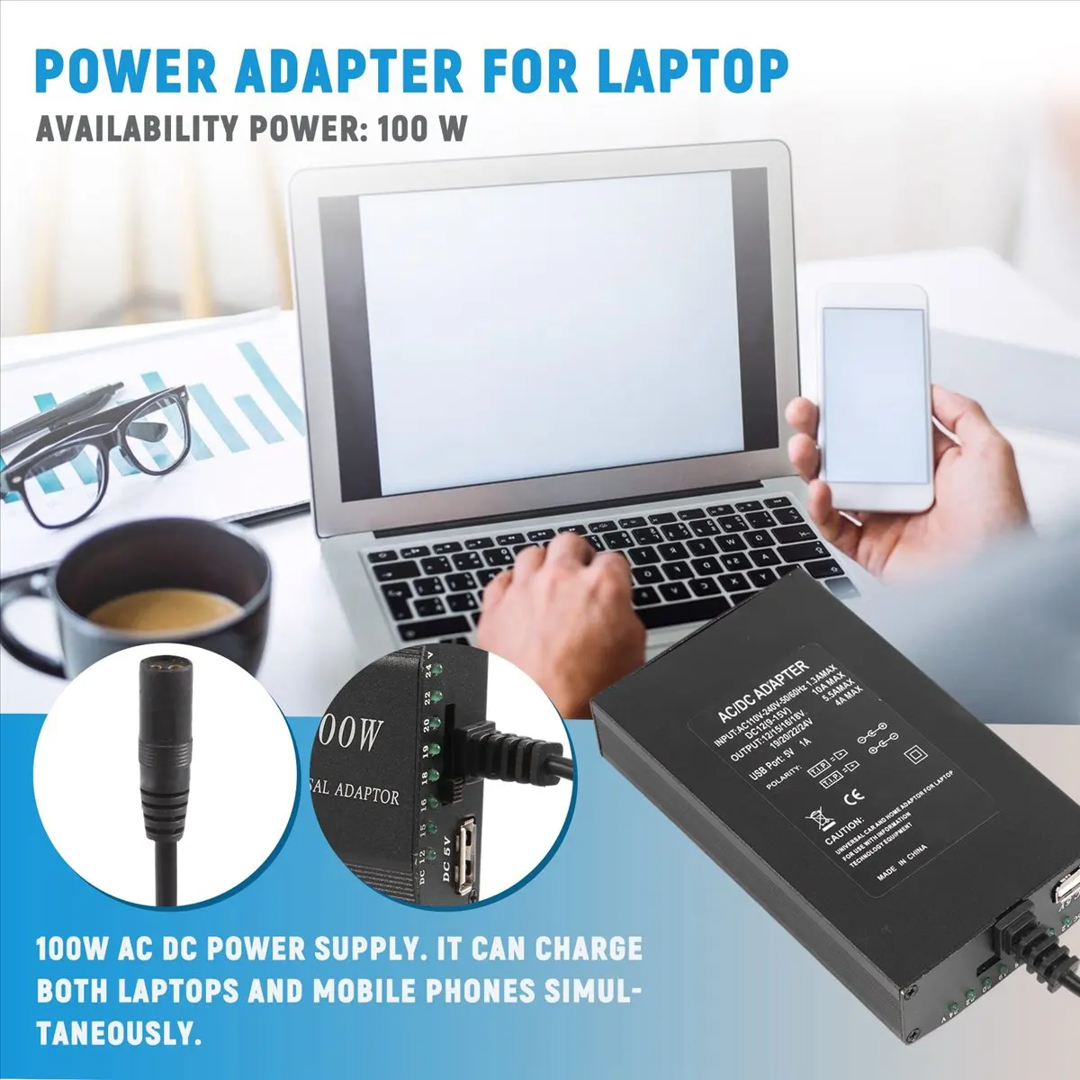 (ABGQ) 범용 12V-24V AC 전원 어댑터 조정 가능한 자동차 홈 충전기 USB12V 전원 공급 장치 100W 5A 노트북(38개 DC 커넥터 포함)