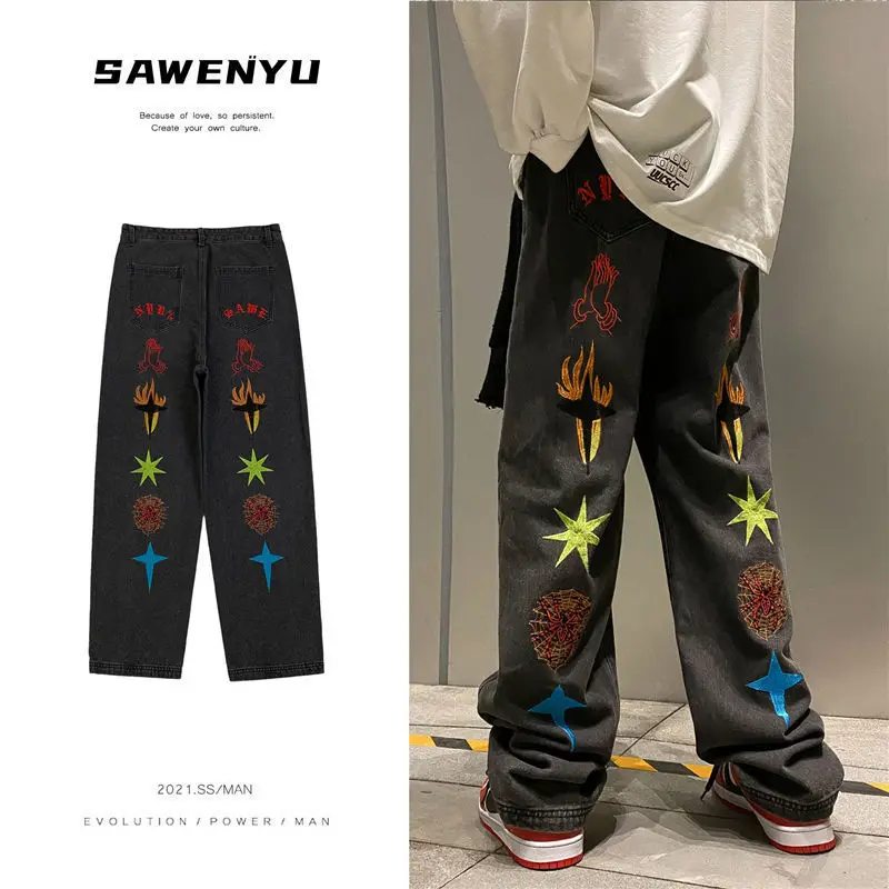 2022 New Arrivals Graphic Embroidery Hip Hop Men Baggy Jeans Trousers Straight Loose Vintage Wide Denim Pants Pantalones Hombre