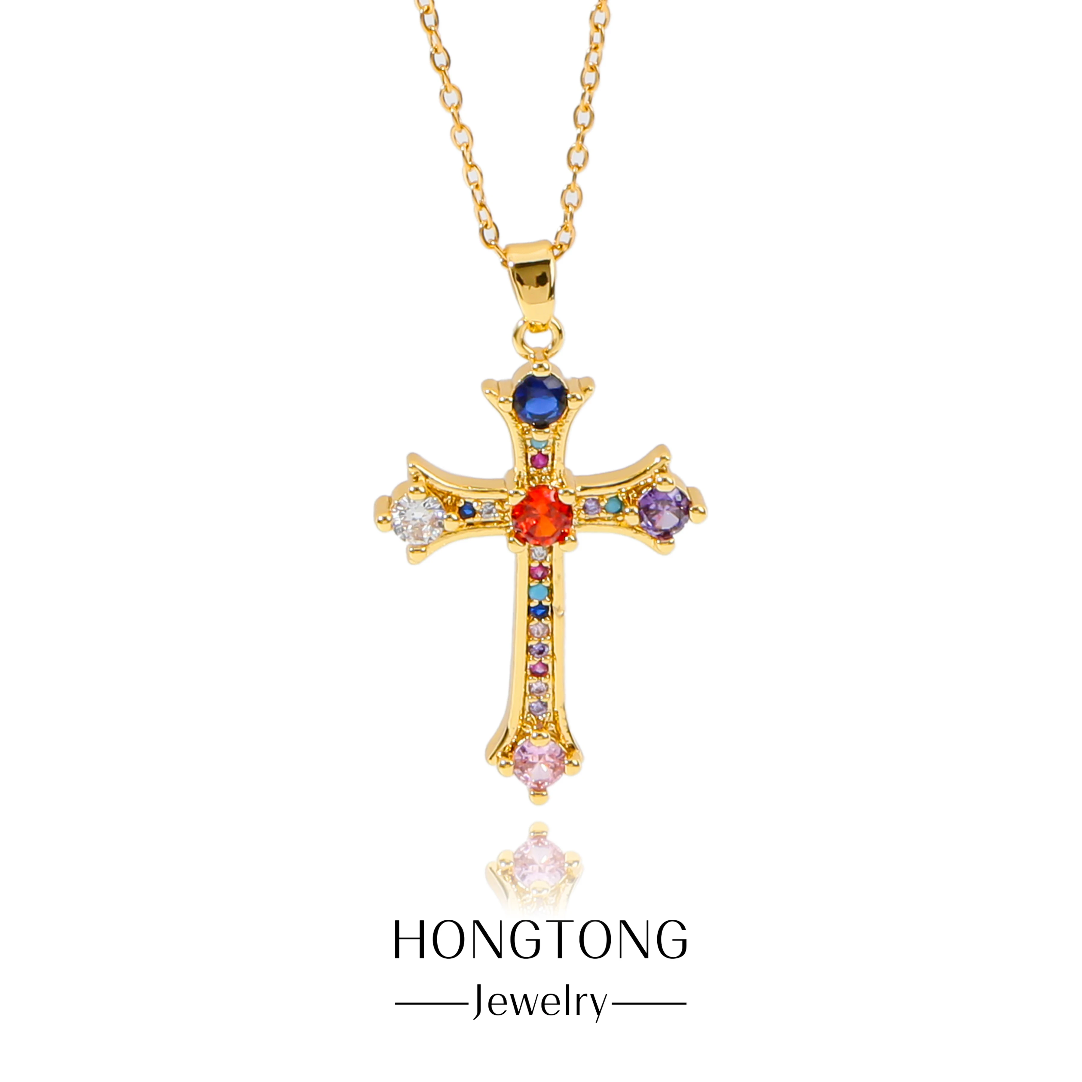 

HONGTONG Unique Exaggerated Colorful Crystal Cross Religious Pendant Stainless Steel Prayer Amulet Necklace Exquisite Party Gift