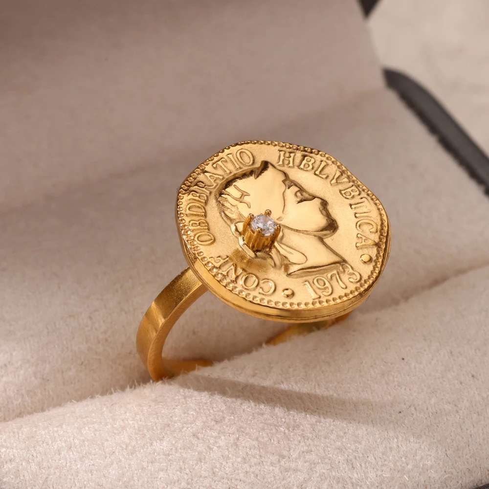 Zircon Round Portrait Rings Gold Color Stainless Steel Womens Opening Ring