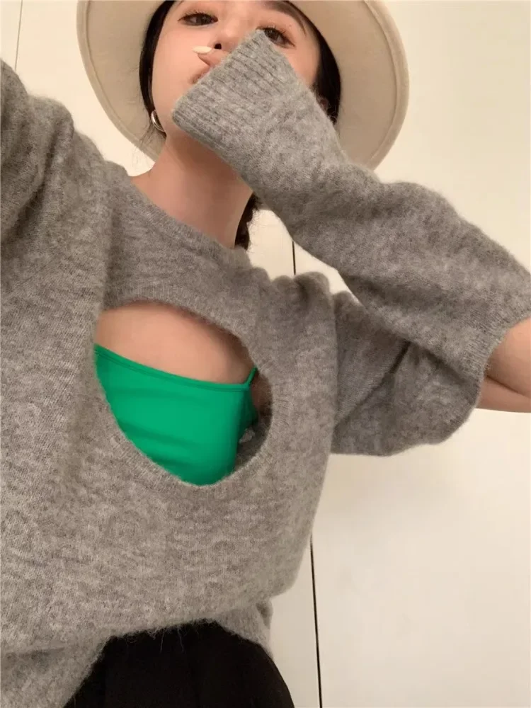 

Korean Vintage Hollow Out Crewneck Sweaters Streetwear Fashion Casual Women's Pullovers Aesthetic Knitted Grunge Sueter Mujer