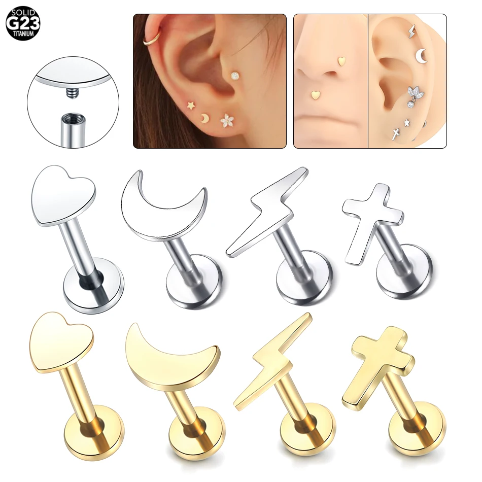 1PC Titanium Moon Cross Stud Earrings Flat Star Top Lip Ring CZ